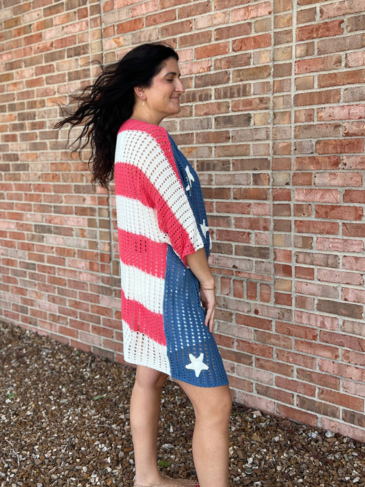 OPEN KNIT PATRIOTIC CARDIGAN