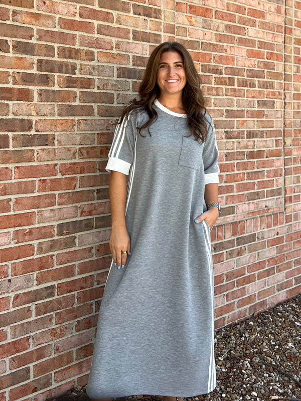 GRAY TRACK STRIPE DRESS