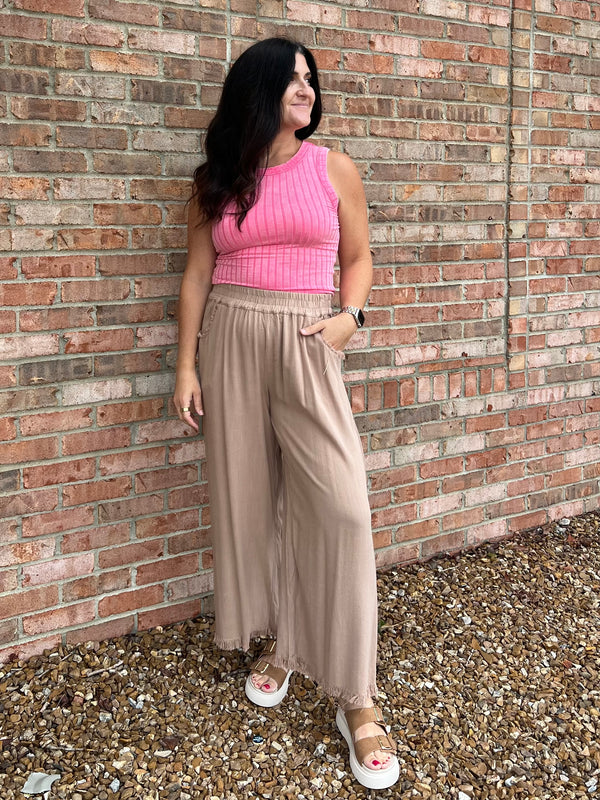 FRAYED HEM LINEN PANTS- 2 COLORS