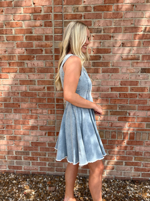 DENIM FLARED MINI DRESS