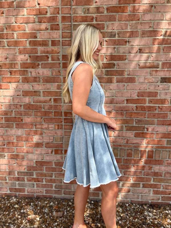 DENIM FLARED MINI DRESS