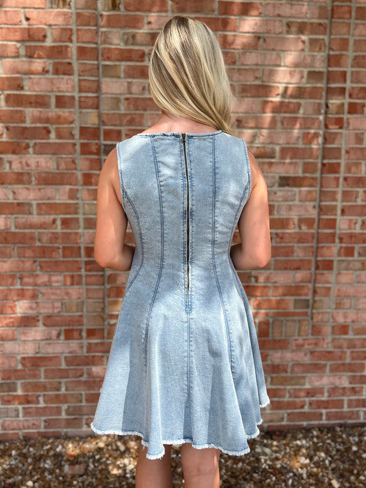 DENIM FLARED MINI DRESS