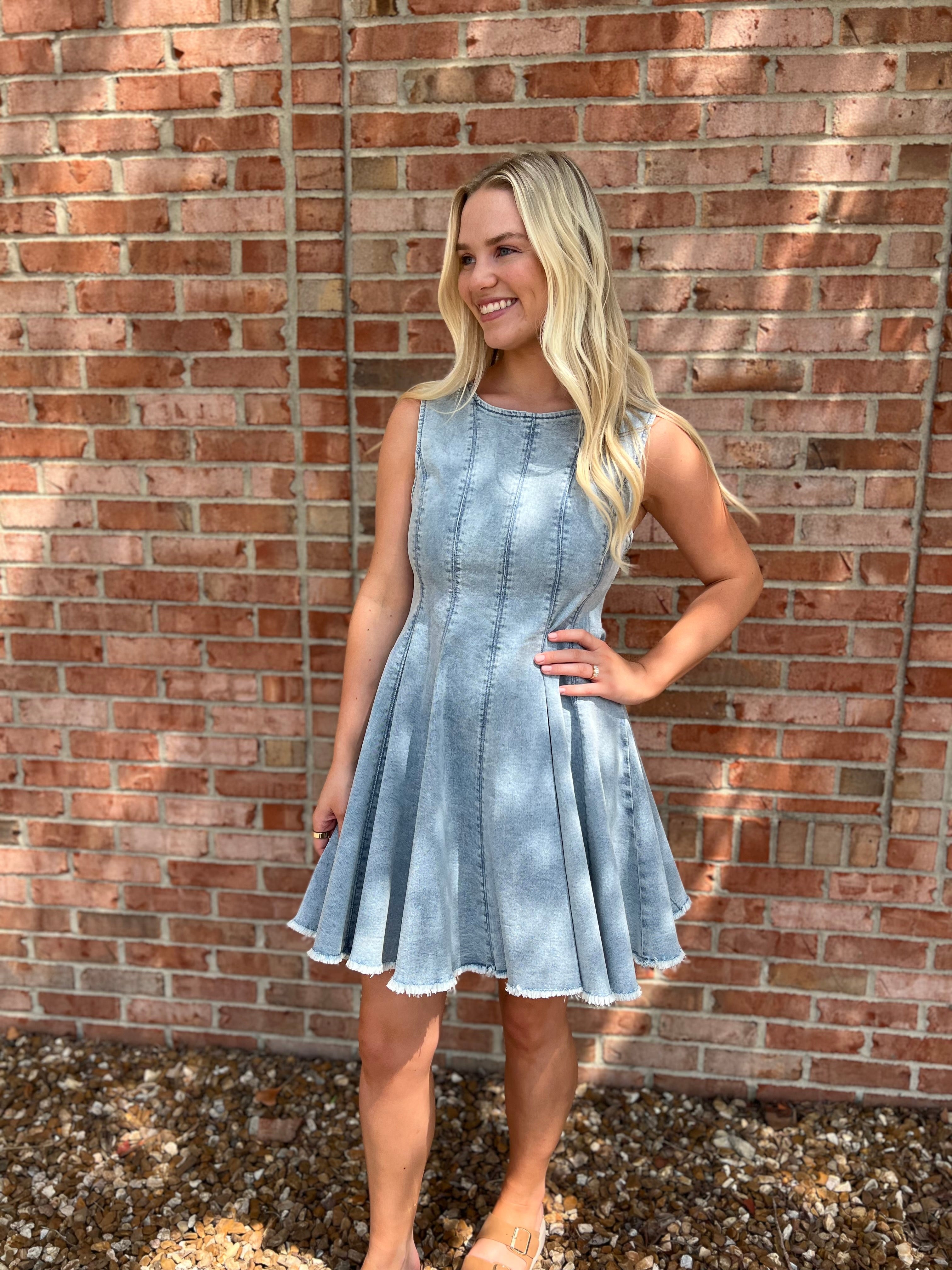 DENIM FLARED MINI DRESS