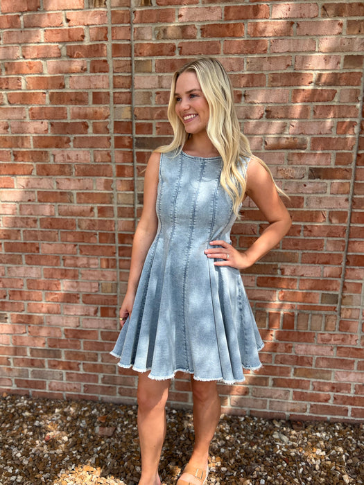 DENIM FLARED MINI DRESS