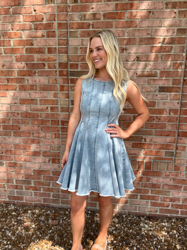 DENIM FLARED MINI DRESS
