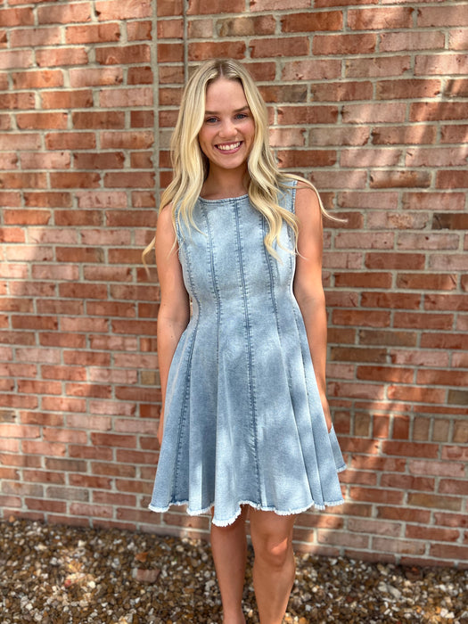 DENIM FLARED MINI DRESS