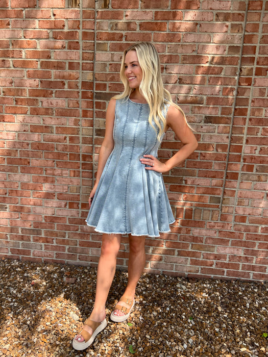 DENIM FLARED MINI DRESS