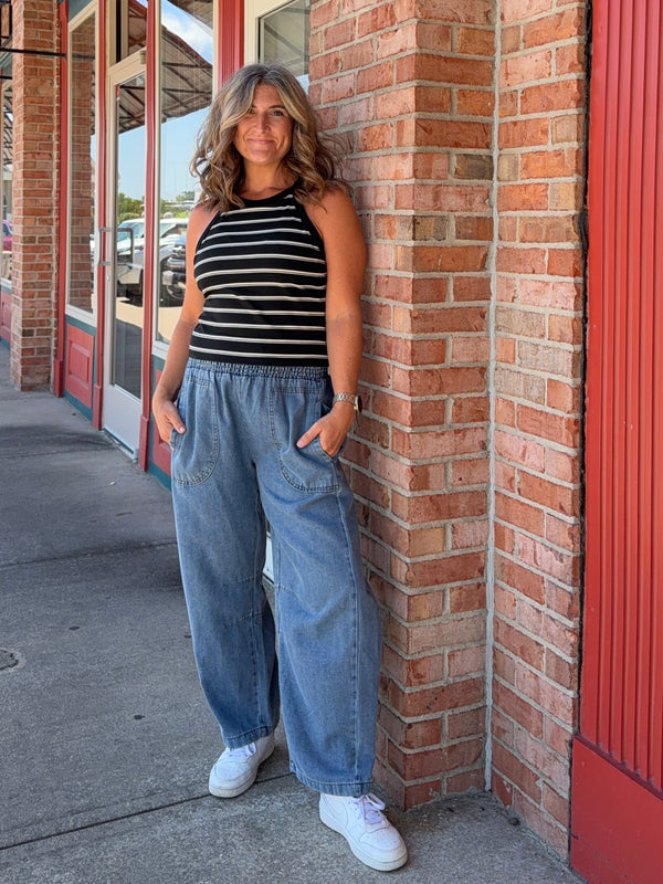 SMOCKED WAIST DENIM PANTS