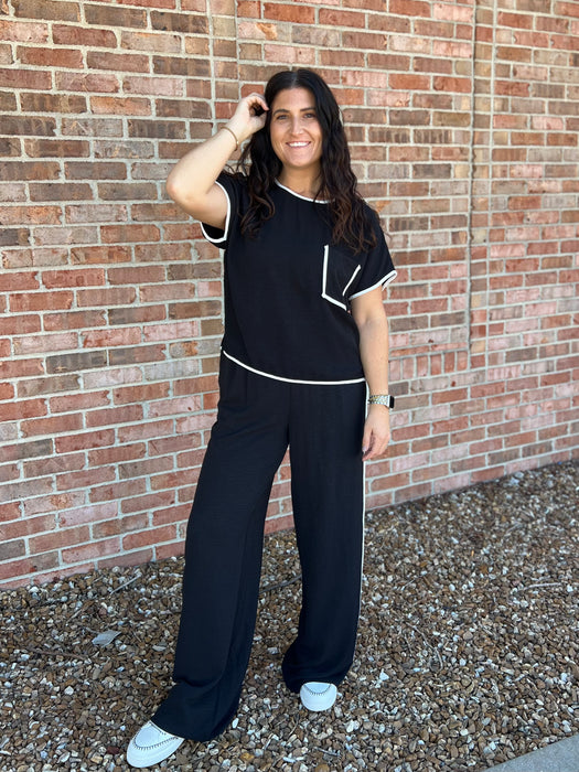 BLACK PANTS WITH WHITE TRIM