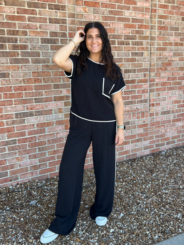 BLACK PANTS WITH WHITE TRIM