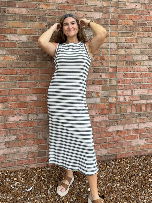 STRIPED BUTTON BACK MIDI DRESS