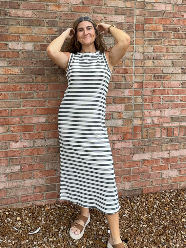 STRIPED BUTTON BACK MIDI DRESS