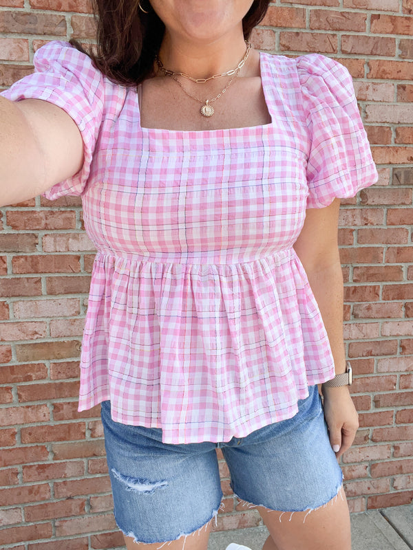 PINK PUFF SLEEVE GINGHAM TOP