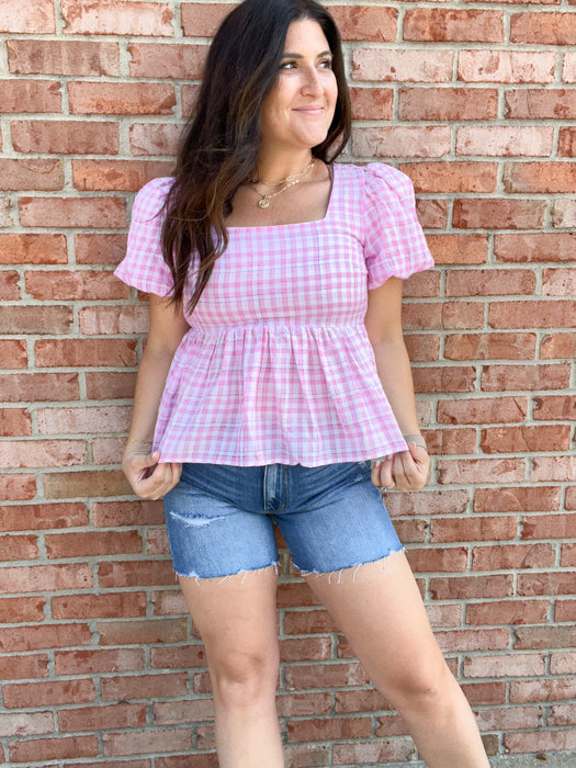 PINK PUFF SLEEVE GINGHAM TOP
