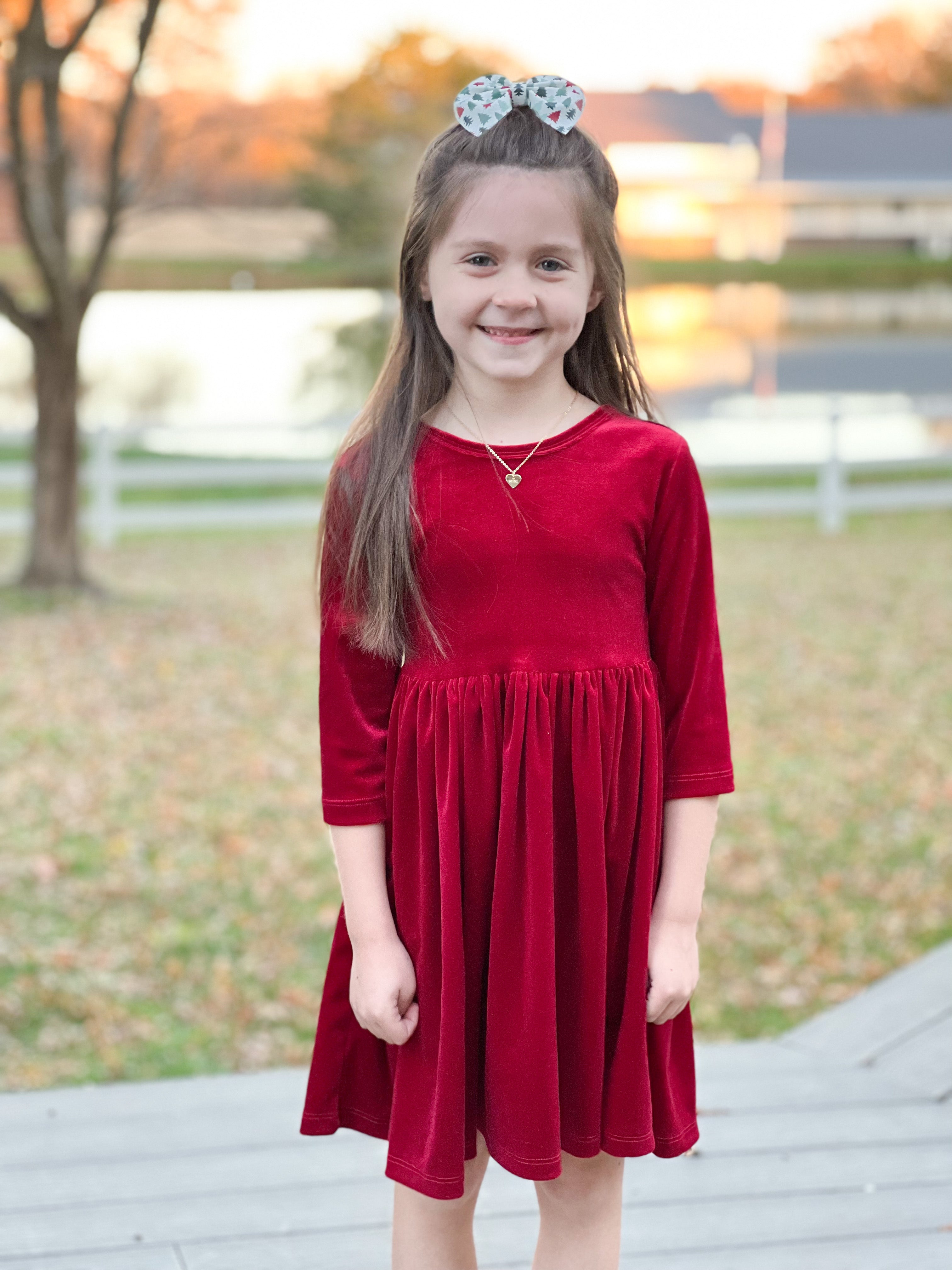 VELVET TWIRL DRESS- CRANBERRY