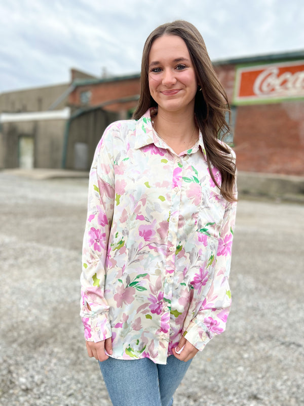 FLORAL SATIN BUTTON UP TOP