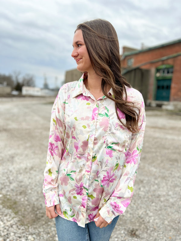 FLORAL SATIN BUTTON UP TOP