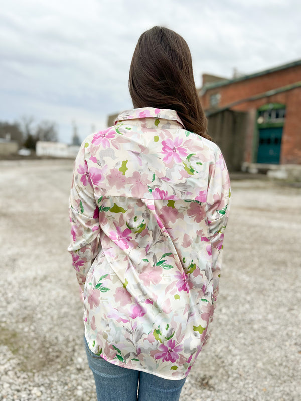 FLORAL SATIN BUTTON UP TOP