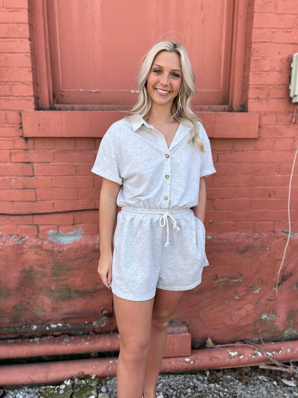 BUTTON FRONT TERRY KNIT ROMPER- 2 COLORS