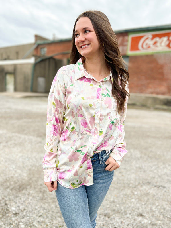 FLORAL SATIN BUTTON UP TOP