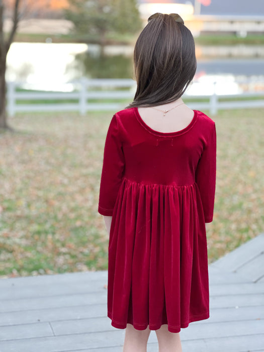 VELVET TWIRL DRESS- CRANBERRY