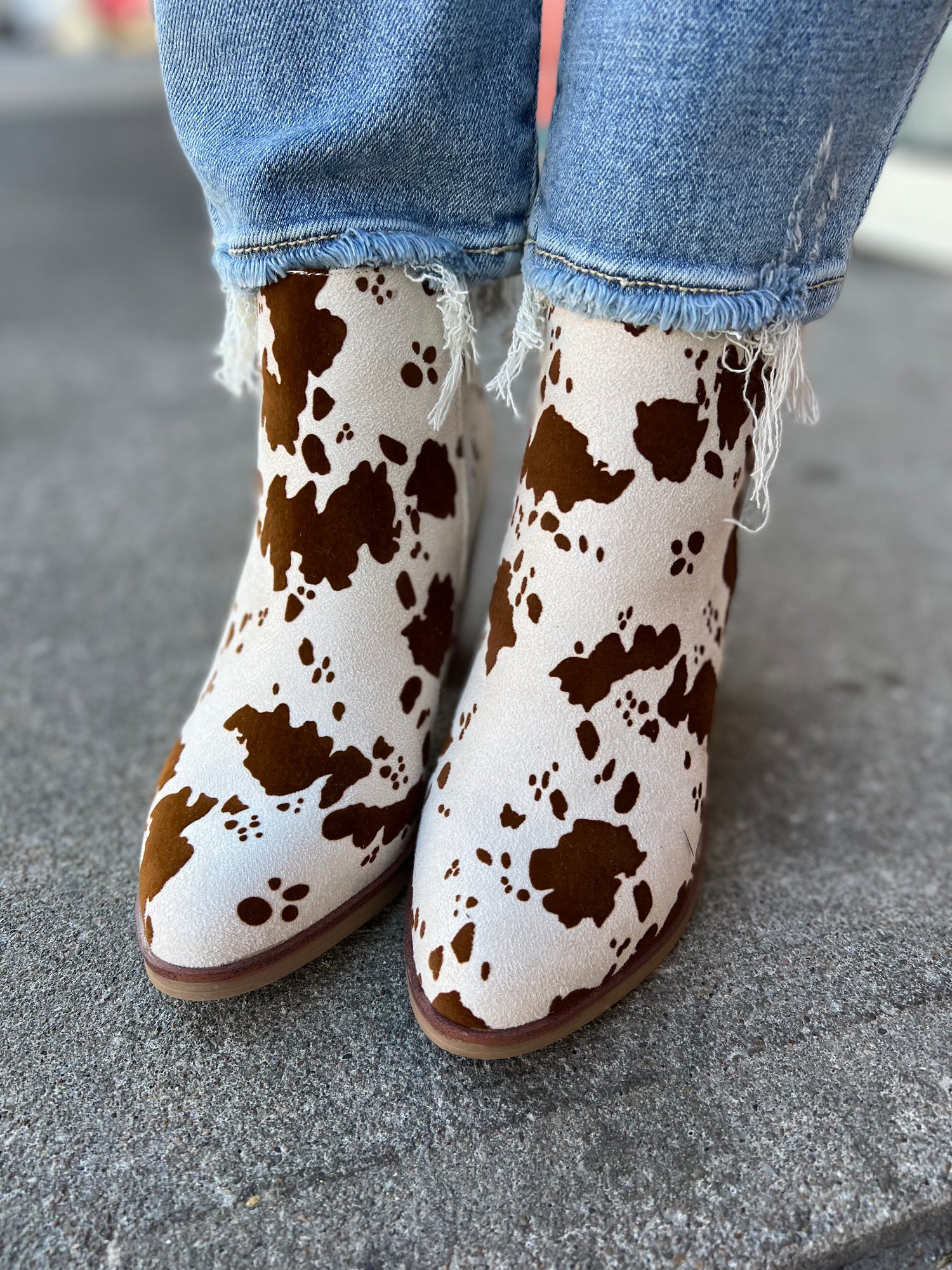 White & Brown Cow Print Suede Fabric