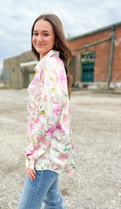 FLORAL SATIN BUTTON UP TOP