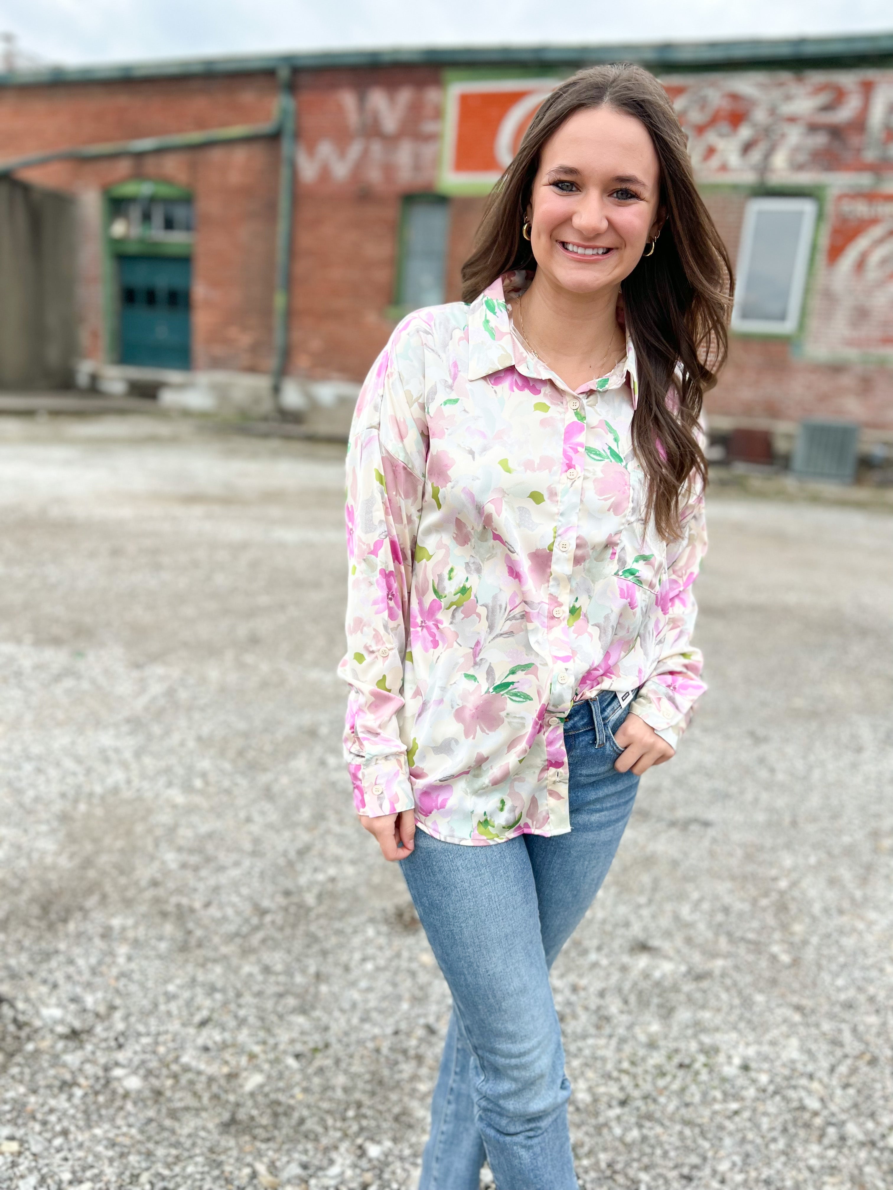 FLORAL SATIN BUTTON UP TOP