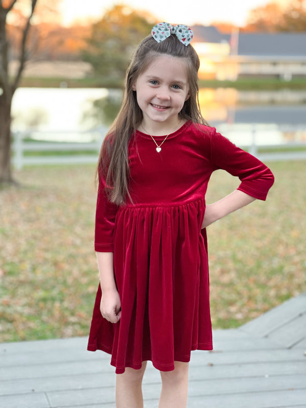 VELVET TWIRL DRESS- CRANBERRY