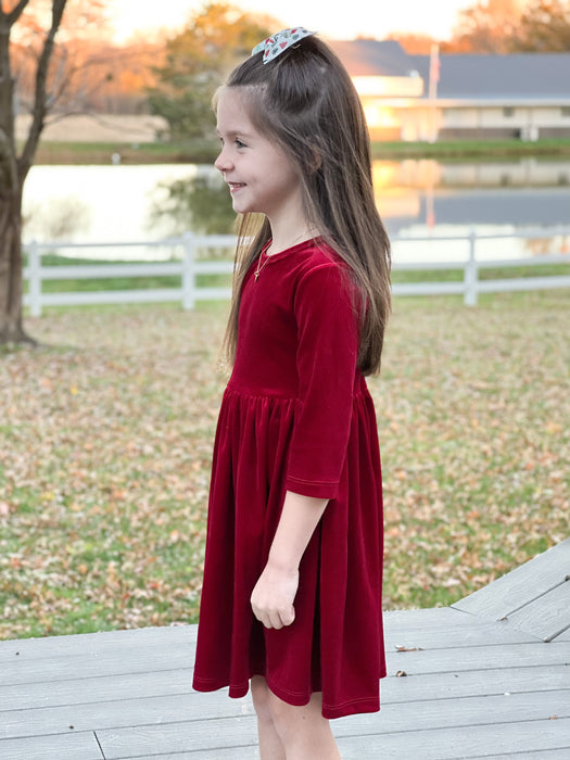 VELVET TWIRL DRESS- CRANBERRY